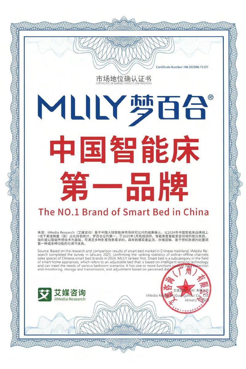 艾媒咨询《市场地位确认证书》IM-2025RK-71107：MLILY梦百合中国智能床第一品牌 The NO.1 Brand of Smart Bed in China