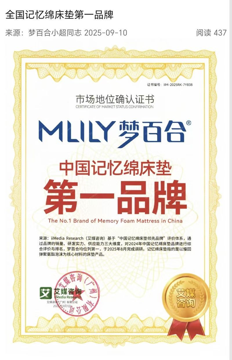 艾媒咨询《市场地位确认证书》：中国记忆绵床垫第一品牌