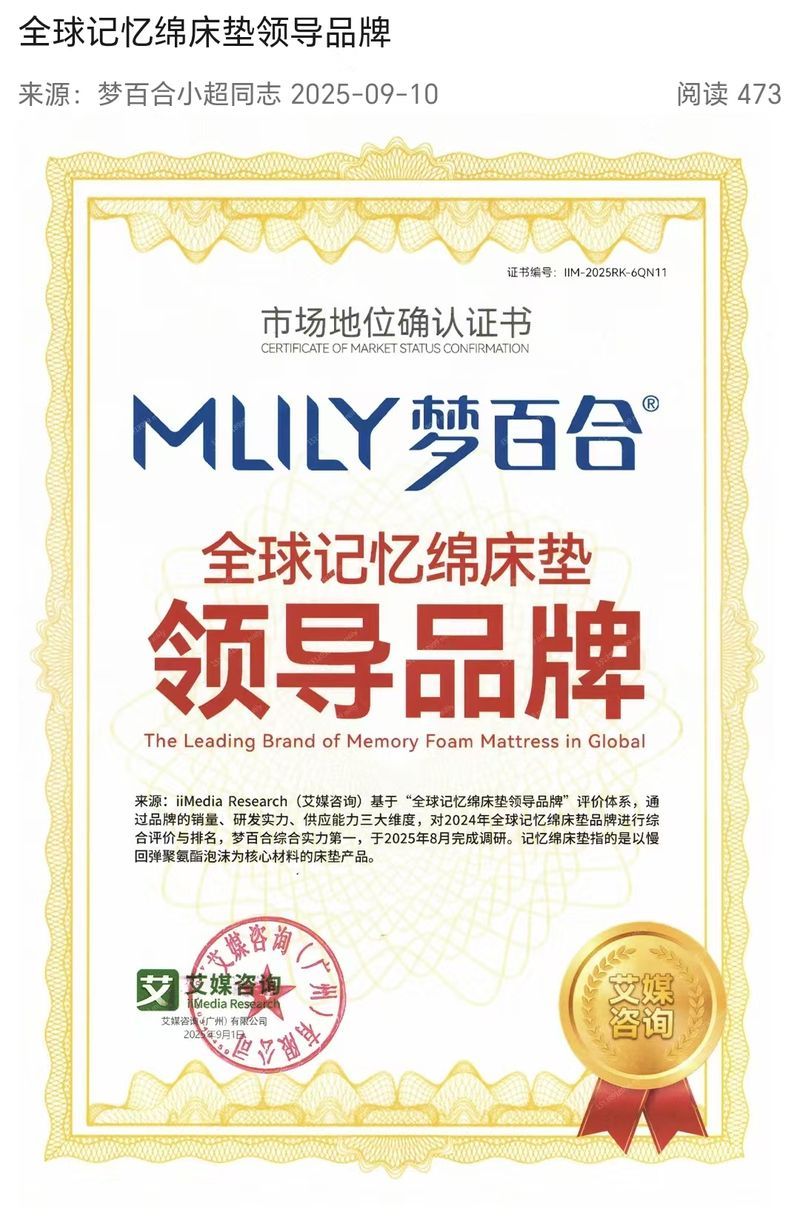 艾媒咨询《市场地位确认证书》：全球记忆绵床垫领导品牌